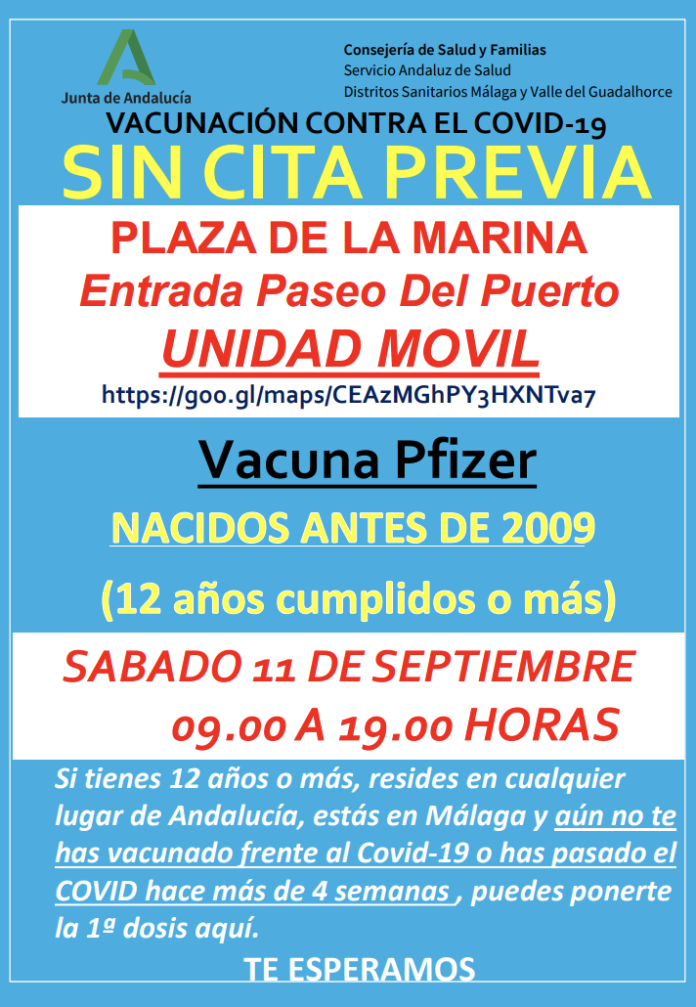 Málaga capital cuenta este sábado con una unidad móvil para vacunar sin cita a mayores de 12 años